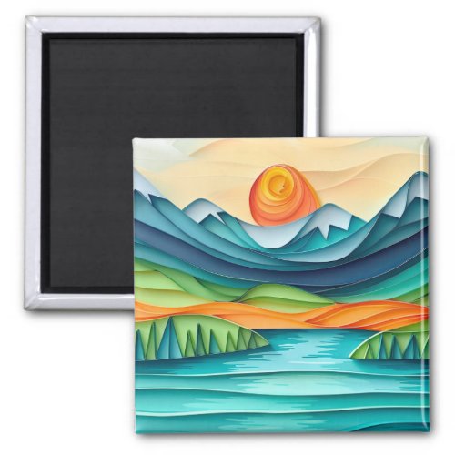 Pretty Mountain Sunset Lake Landscape Abstract Magnet