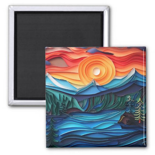 Pretty Mountain Sunset Lake Landscape Abstract Magnet