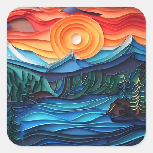 Pretty Mountain Sunset Lake Landscape Abstract Square Sticker