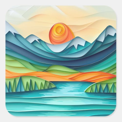 Pretty Mountain Sunset Lake Landscape Abstract Square Sticker