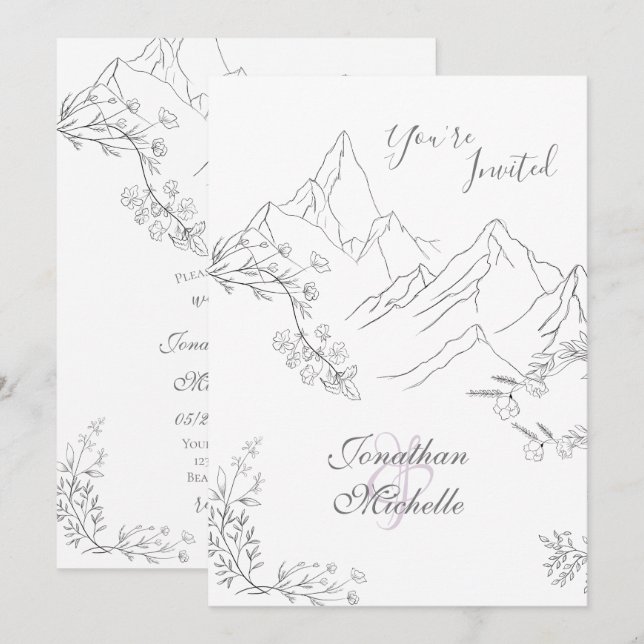 Pretty Mountains, Flowers and Branches Wedding Invitation (Front/Back)
