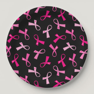 Pretty Multi Pink Breast Cancer Ribbon Pattern Paper Plates