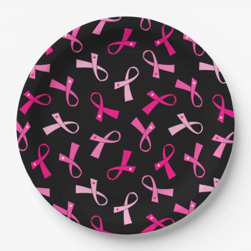 Pretty Multi Pink Breast Cancer Ribbon Pattern Paper Plates