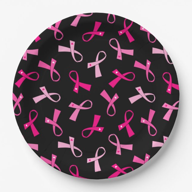 Pretty Multi Pink Breast Cancer Ribbon Pattern Paper Plates (Front)