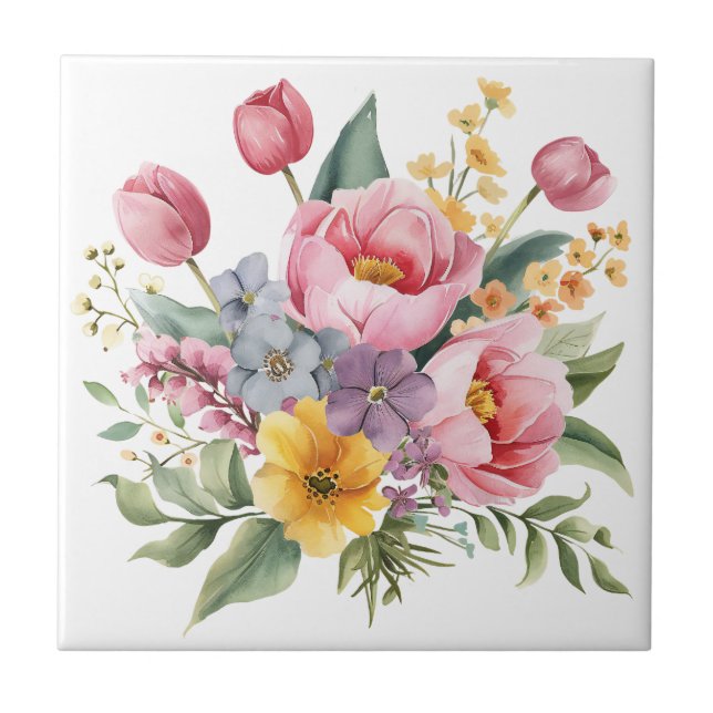 Pretty Multicolored Floral Bouquet Ceramic Tile (Front)