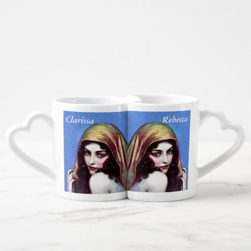 Pretty Mysterious Lady Dark Hair Gold Head Scarf Coffee Mug Set