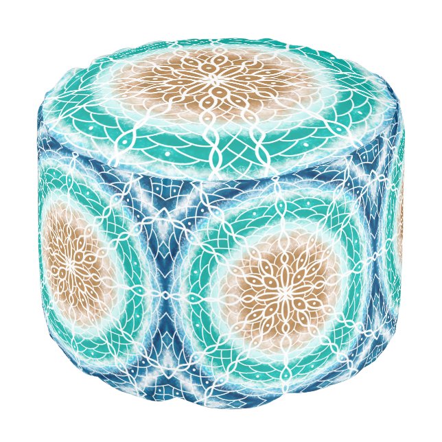 Pretty Mystical Teal and Blue Mandala Pouf (Angled Front)