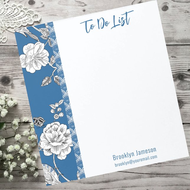 Pretty Name Inscribed Blue Floral Toile Notepad (Creator Uploaded)