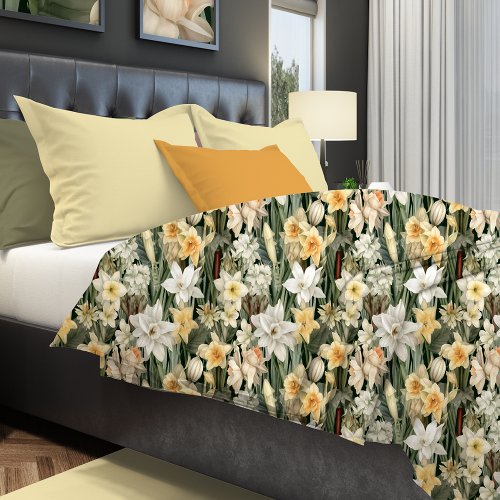 Pretty Narcissus and Tuberose Watercolor Floral Duvet Cover