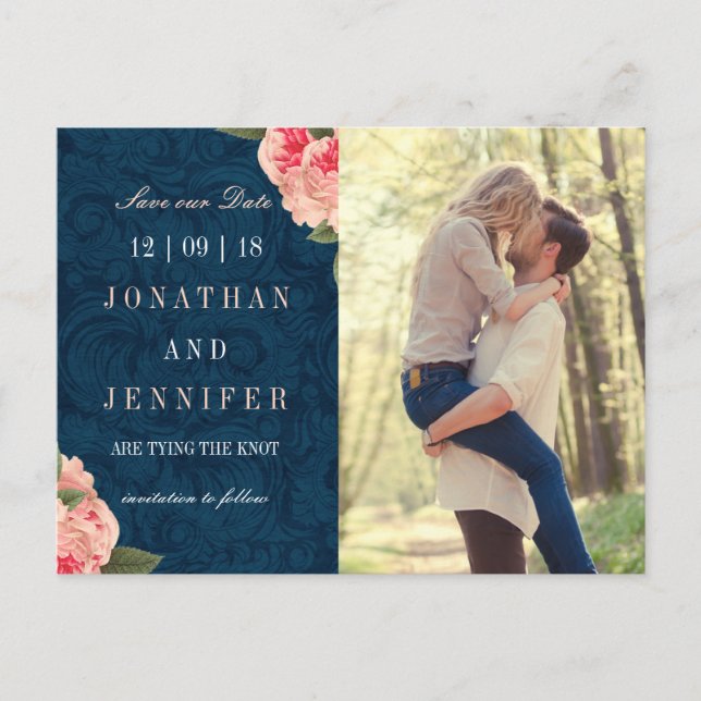 Pretty Navy and Coral Save the Date Postcard (Front)
