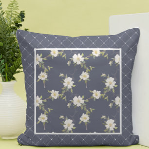 Pretty Navy and White Floral Panel Throw Pillow