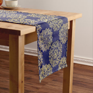 Pretty Navy Blue and Gold Kaleidoscope Pattern Short Table Runner