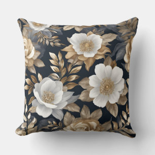 Pretty Navy Blue Gold White Floral Throw Pillow