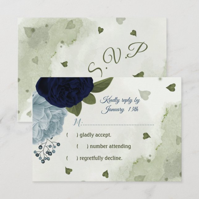 pretty navy & dusty blue flowers greenery RSVP card (Front/Back)
