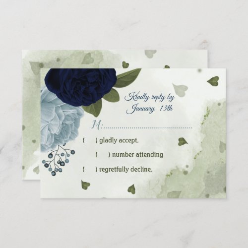 pretty navy  dusty blue flowers greenery RSVP card