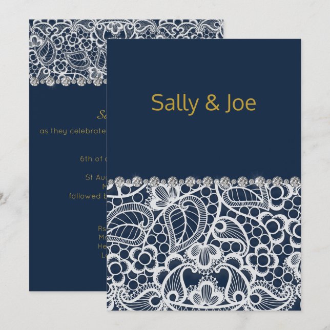 Pretty Navy Lace Diamond Wedding Invitation (Front/Back)