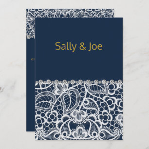 Pretty Navy Lace Diamond Wedding Invitation
