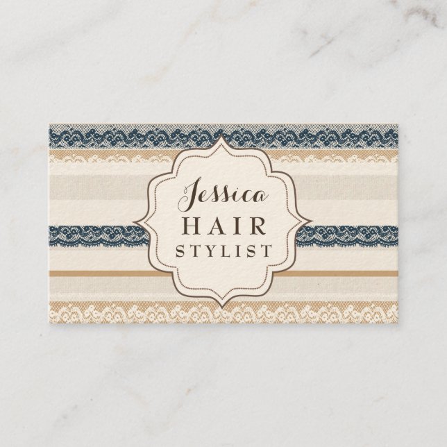Pretty Navy Neutral White Lace Hair Stylist Appointment Card (Front)