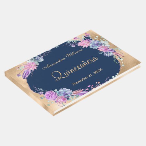 Pretty Navy Pink Lilac Gold Floral Quinceaera Guest Book