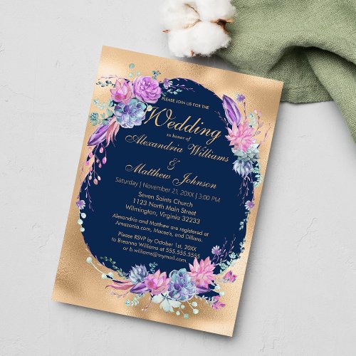 Pretty Navy Pink Lilac Gold Floral Wedding Invitation