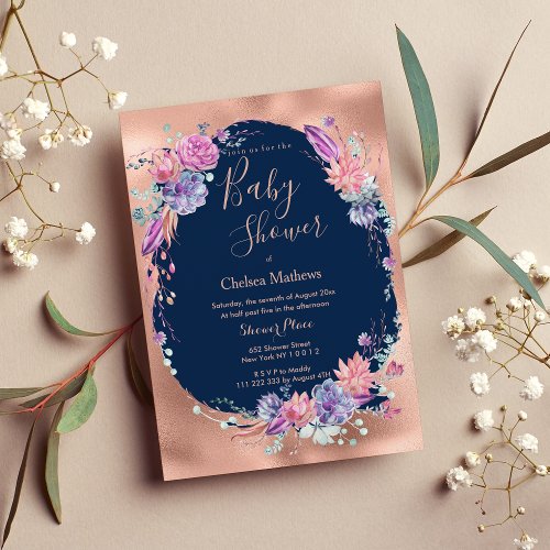 Pretty Navy Pink Rose Gold Floral Baby Shower Invitation