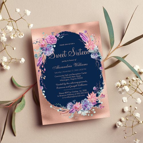 Pretty Navy Pink Rose Gold Floral Sweet 16 Invitation