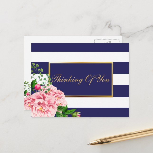 Pretty Navy Stripes And Roses Floral Personalized Postcard (Front/Back In Situ)