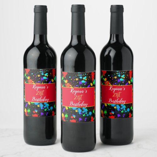 Pretty Neon Paint Splatter Red Blue Purple Yellow Wine Label