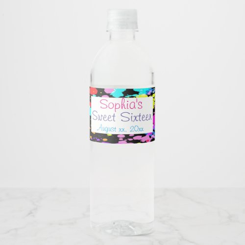 Pretty Neon Paint Splatter Sweet Sixteen Custom Water Bottle Label