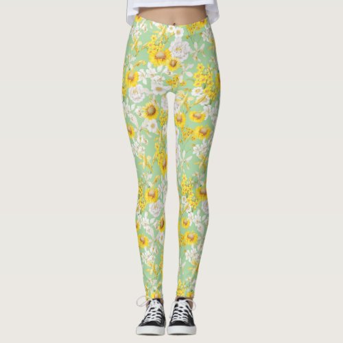 Pretty Neon Yellow Light Green Floral Pattern  Leggings