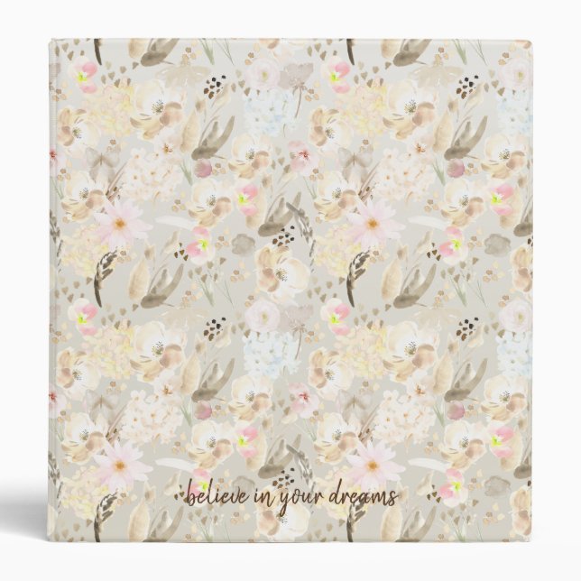 Pretty neutral abstract cream pink floral 3 ring binder (Front)