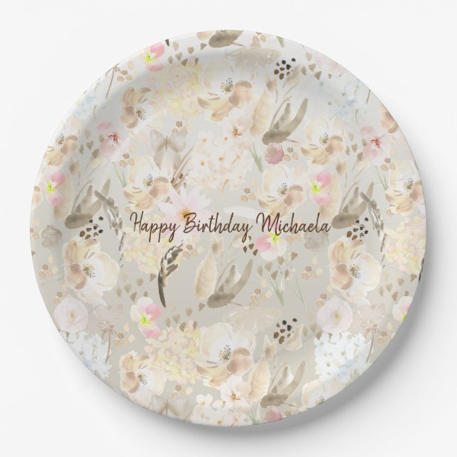 Pretty Neutral Cream Pink Floral Paper Plates (Front)