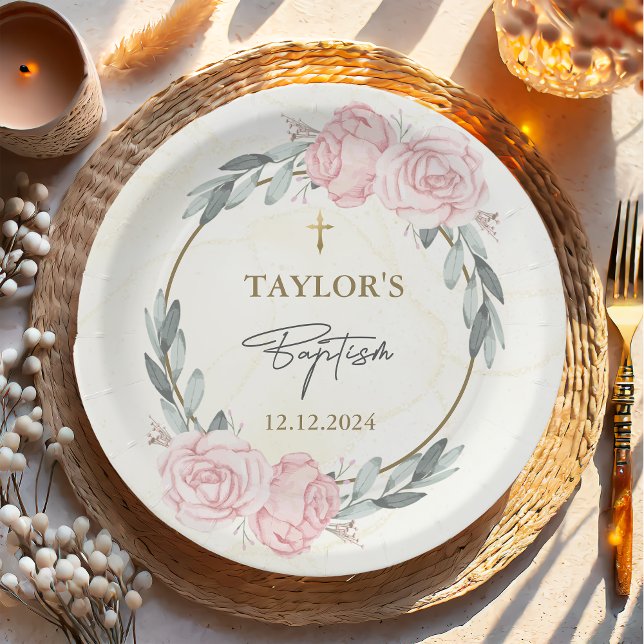 Pretty Neutral Watercolor Floral Baptism Paper Plates (Creator Uploaded)