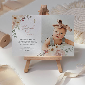 Pretty Neutral Watercolor Floral | Baptism Photo Thank You Card by christine592 at Zazzle