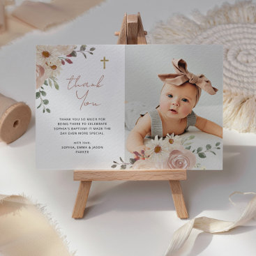 Pretty Neutral Watercolor Floral | Baptism Photo Thank You Card