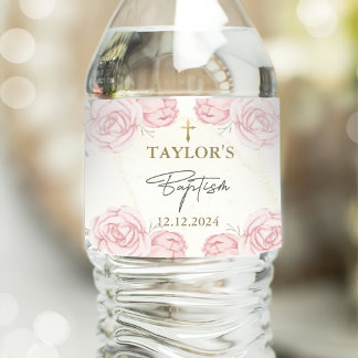Pretty Neutral Watercolor Floral Baptism Water Bottle Label