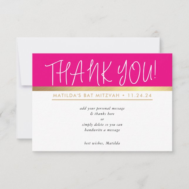 PRETTY NOTE ultra trendy pink black gold Thank You Card (Front)
