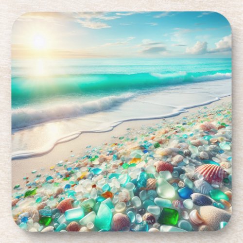 Pretty Ocean Beach with Sea Glass   Beverage Coaster