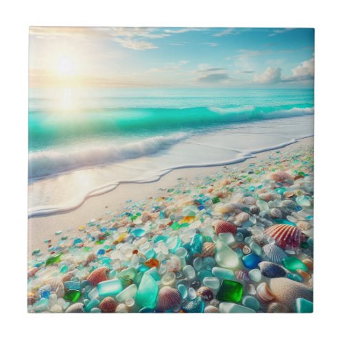 Pretty Ocean Beach with Sea Glass   Ceramic Tile