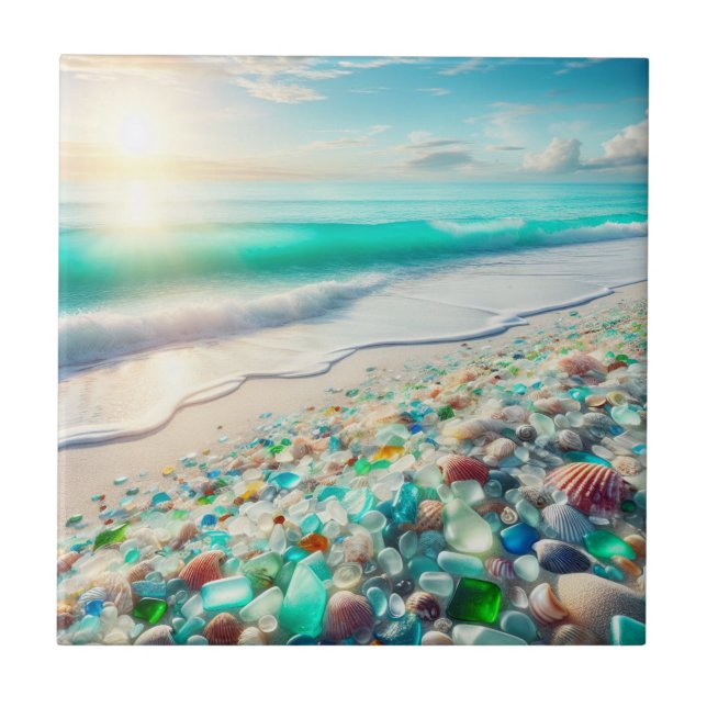 Pretty Ocean Beach with Sea Glass   Ceramic Tile (Front)