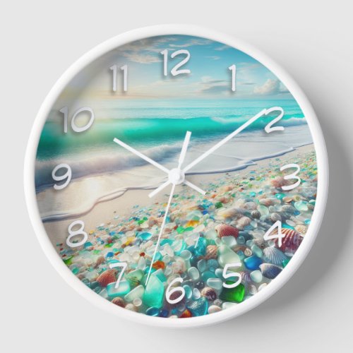 Pretty Ocean Beach with Sea Glass Clock