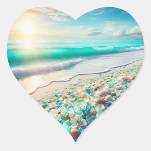 Pretty Ocean Beach with Sea Glass Heart Sticker