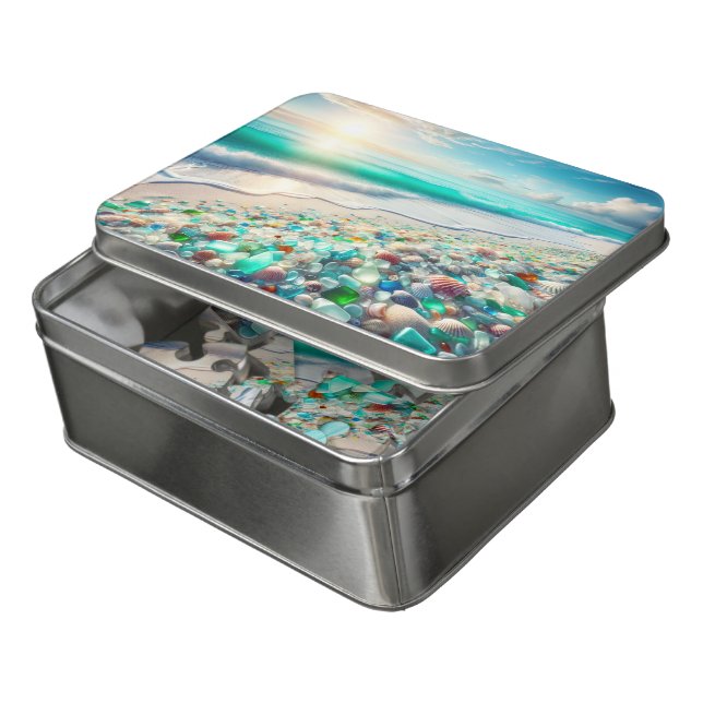 Pretty Ocean Beach with Sea Glass Jigsaw Puzzle (Lid Open)