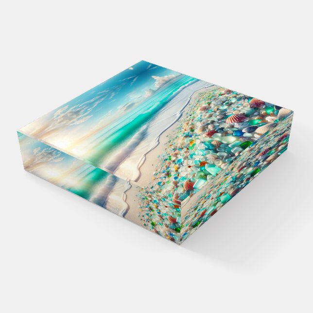 Pretty Ocean Beach with Sea Glass Paperweight (Angled)