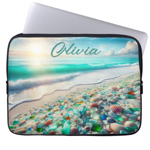Pretty Ocean Beach with Sea Glass Personalized Laptop Sleeve