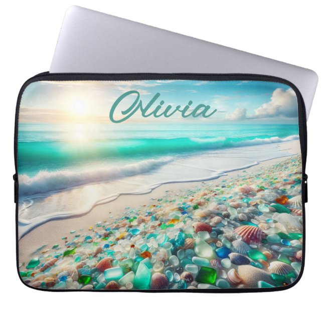 Pretty Ocean Beach with Sea Glass Personalized Laptop Sleeve (Front)