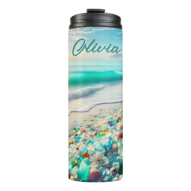 Pretty Ocean Beach with Sea Glass Personalized Thermal Tumbler (Front)