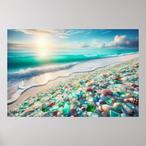 Pretty Ocean Beach with Sea Glass Poster