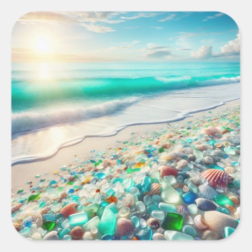 Pretty Ocean Beach with Sea Glass Square Sticker