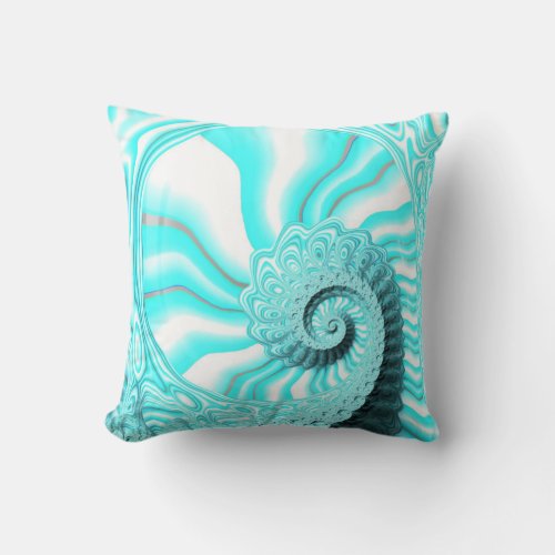 Pretty Ocean Blue Nautilus Shell Spiral Fractal Throw Pillow